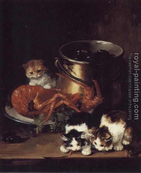 Alfred Arthur Brunel De Neuville : Kittens with Mussels and a Lobster